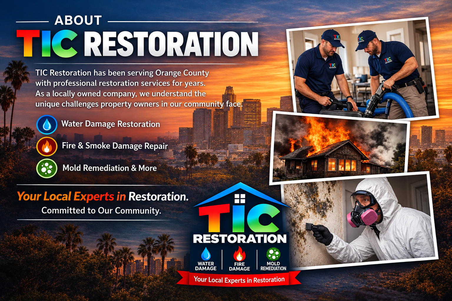 TIC Restoration technicians drying a water-damaged room with extraction equipment